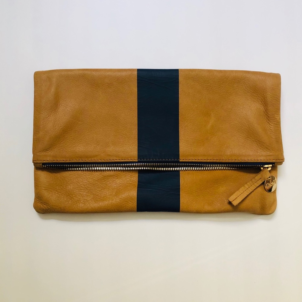 Clare V Single-Stripe Fold-over Clutch-Camel/Navy